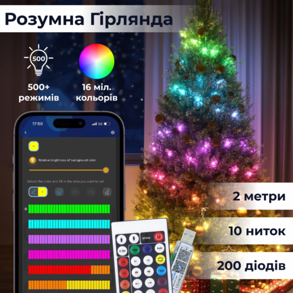 Розумна гірлянда Smart 200 LED довжина 2 м з керуванням зі смартфона, мультиколор